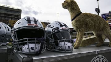 MORGANTOWN, WV - SEPTEMBER 22: Kansas State Wildcats helmets on the sideline during the college football game between the Kansa State Wildcats and the West Virginia Mountaineers on September 22, 2018 at Mountaineer Field at Milan Puskar Stadium in Morgantown, WV.(Photo by Mark Alberti/Icon Sportswire via Getty Images)