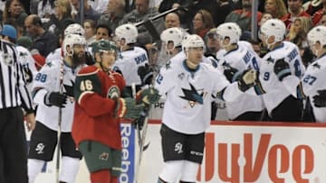 Apr 5, 2016; Saint Paul, MN, USA; San Jose Sharks forward Patrick Marleau (12) celebrates his goal during the second period against the Minnesota Wild at Xcel Energy Center. Mandatory Credit: Marilyn Indahl-USA TODAY Sports