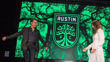 AUSTIN, TEXAS - AUGUST 23: Matthew McConaughey and Camila Alves pass a soccer ball back and forth following the Austin FC Major League Soccer club announcement of four new investors including Matthew McConaughey, the 'Minister of Culture' at 3TEN ACL Live on August 23, 2019 in Austin, Texas. (Photo by Rick Kern/Getty Images)