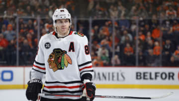 PHILADELPHIA, PENNSYLVANIA - MARCH 05: Patrick Kane #88 of the Chicago Blackhawks looks on during the first period against the Philadelphia Flyers at Wells Fargo Center on March 05, 2022 in Philadelphia, Pennsylvania. (Photo by Tim Nwachukwu/Getty Images)