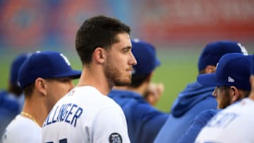 LOS ANGELES, CALIFORNIA - JULY 19: Cody Bellinger #35 of the Los Angeles Dodgers in the dugout during the first inning against the Miami Marlins at Dodger Stadium on July 19, 2019 in Los Angeles, California. (Photo by Harry How/Getty Images)