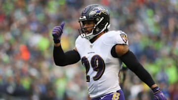 SEATTLE, WASHINGTON - OCTOBER 20: Free safety Earl Thomas #29 of the Baltimore Ravens reacts against the the Seattle Seahawks in the second quarter of the game at CenturyLink Field on October 20, 2019 in Seattle, Washington. (Photo by Abbie Parr/Getty Images)