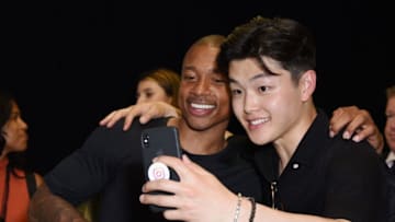 SANTA MONICA, CA - JULY 19: Figure skater Alex Shibutani (R) and NBA player Isaiah Thomas pose in the Green Room at the Nickelodeon Kids' Choice Sports 2018 at Barker Hangar on July 19, 2018 in Santa Monica, California. (Photo by Presley Ann/VMN18/Getty Images For Nickelodeon)