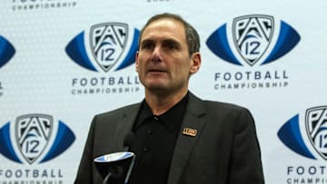 SANTA CLARA, CA - DECEMBER 05: Pac-12 Commissioner Larry Scott speaks during a press conference before the Pac-12 Championship game between the Stanford Cardinal and the USC Trojans at Levi's Stadium on December 5, 2015 in Santa Clara, California. The Stanford Cardinal defeated the USC Trojans 41-22. (Photo by Jason O. Watson/Getty Images)