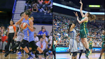 Stefanie Dolson, left, of the Chicago Sky and Breanna Stewart of the Seattle Storm. Photos by Abe Booker, III