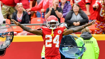 Kansas City Chiefs defensive back Jordan Lucas celebrates after helping to stop Jacksonville Jaguars wide receiver Keelan Cole short of the first down to force a turnover on downs to the Chiefs in the fourth quarter during Sunday's football game on Oct. 7, 2018 at Arrowhead Stadium in Kansas City, Mo. The Chiefs won, 30-14. (John Sleezer/Kansas City Star/TNS via Getty Images)