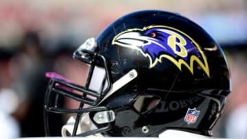 Oct 26, 2014; Cincinnati, OH, USA; Baltimore Ravens helmet on the sidelines against the Cincinnati Bengals at Paul Brown Stadium. Bengals defeated the Ravens 27-24. Mandatory Credit: Andrew Weber-USA TODAY Sports