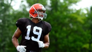 Jul 28, 2014; Berea, OH, USA; Cleveland Browns wide receiver Miles Austin (19) during training camp at Cleveland Browns training facility. Mandatory Credit: Andrew Weber-USA TODAY Sports