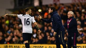 LONDON, ENGLAND - JANUARY 08: Kieran Trippier of Tottenham Hotspur (L) and Mauricio Pochettino, Manager of Tottenham Hotspur (R) speak during The Emirates FA Cup Third Round match between Tottenham Hotspur and Aston Villa at White Hart Lane on January 8, 2017 in London, England. (Photo by Dan Mullan/Getty Images)