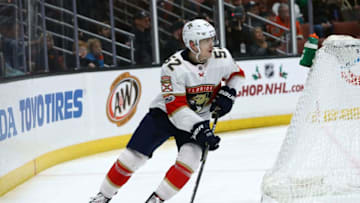 ANAHEIM, CA - NOVEMBER 19: Mackenzie Weegar #52 of the Florida Panthers looks to break out of the zone during the NHL game at Honda Center on November 19, 2017 in Anaheim, California. The Ducks defeated the Panthers 3-2. (Photo by Victor Decolongon/Getty Images)