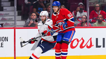 MONTREAL, QC - SEPTEMBER 20: Montreal Canadiens right wing Ales Hemsky (83) and Washington Capitals right wing Brett Connolly (10) skating together during the Washington Capitals versus the Montreal Canadiens preseason game on September 20, 2017, at Bell Centre in Montreal, QC. (Photo by David Kirouac/Icon Sportswire via Getty Images)