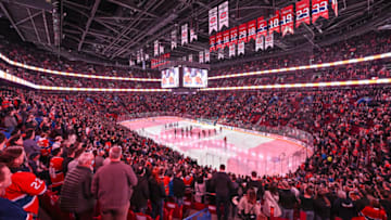 MONTREAL, QC - APRIL 11: Spectators stand during the national anthem prior to the game between the Montreal Canadiens and the Winnipeg Jets at Centre Bell on April 11, 2022 in Montreal, Canada. The Winnipeg Jets defeated the Montreal Canadiens 4-2. (Photo by Minas Panagiotakis/Getty Images)