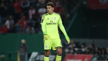 LISBON, PORTUGAL - APRIL 22: SL BenficaÕs goalkeeper from Brazil Ederson in action during the Primeira Liga match between Sporting CP and SL Benfica at Estadio Jose Alvalade on April 22, 2017 in Lisbon, Portugal. (Photo by Gualter Fatia/Getty Images)