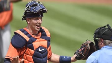 Sep 8, 2016; Cleveland, OH, USA; Houston Astros catcher Jason Castro (15) talks with home plate umpire Jim Joyce (66) in the third inning against the Cleveland Indians at Progressive Field. Mandatory Credit: David Richard-USA TODAY Sports