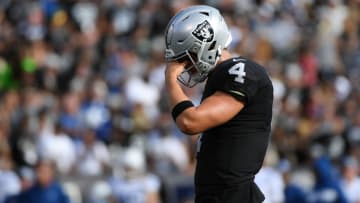 OAKLAND, CA - OCTOBER 28: Derek Carr #4 of the Oakland Raiders reacts after a play against the Indianapolis Colts during their NFL game at Oakland-Alameda County Coliseum on October 28, 2018 in Oakland, California. (Photo by Robert Reiners/Getty Images)