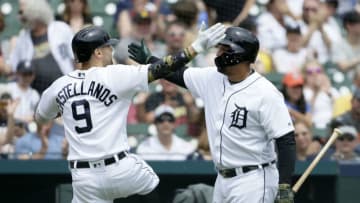 DETROIT, MI - MAY 19: Nicholas Castellanos #9 of the Detroit Tigers celebrates with Miguel Cabrera #24 of the Detroit Tigers after hitting a solo home run against the Oakland Athletics during the third inning at Comerica Park on May 19, 2019 in Detroit, Michigan. (Photo by Duane Burleson/Getty Images)