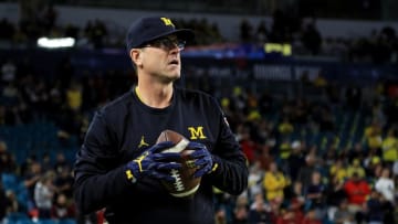 MIAMI GARDENS, FL - DECEMBER 30: Head coach Jim Harbaugh of the Michigan Wolverines looks on prior to their Capitol One Orange Bowl game against the Florida State Seminoles at Sun Life Stadium on December 30, 2016 in Miami Gardens, Florida. (Photo by Mike Ehrmann/Getty Images)
