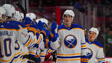Apr 7, 2022; Raleigh, North Carolina, USA; Buffalo Sabres right wing Tage Thompson (72) celebrates his goal against the Carolina Hurricanes during the first period at PNC Arena. Mandatory Credit: James Guillory-USA TODAY Sports