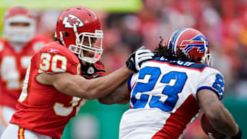 KANSAS CITY, MO - DECEMBER 13: Safety Mike Brown of the Kansas City Chiefs tackles running back Marshawn Lynch #23 of the Buffalo Bills at Arrowhead Stadium on December 13, 2009 Kansas City, Missouri. The Bills defeated the Chiefs 16-10. (Photo by Wesley Hitt/Getty Images)