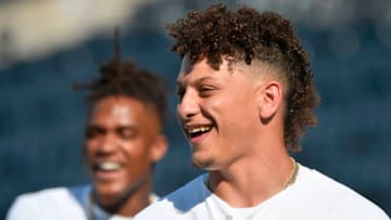 KANSAS CITY, MO - MAY 18: Quarterback Patrick Mahomes of the Kansas City Chiefs watches the Kansas City Royals take batting practice prior to a game against the New York Yankees at Kauffman Stadium on May 18, 2018 in Kansas City, Missouri. (Photo by Ed Zurga/Getty Images)