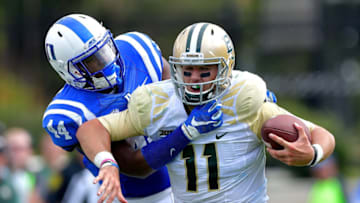 DURHAM, NC - SEPTEMBER 16: Joe Giles-Harris #44 of the Duke Blue Devils sacks quarterback Zach Smith #11 of the Baylor Bears during the game at Wallace Wade Stadium on September 16, 2017 in Durham, North Carolina. Duke won 34-20. (Photo by Grant Halverson/Getty Images)