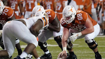 Sep 12, 2020; Austin, Texas, USA; Texas Longhorns center Derek Kerstetter (68) prepares to block after snapping the ball in the first half against the Texas El Paso Miners at Darrell K Royal-Texas Memorial Stadium. Mandatory Credit: Scott Wachter-USA TODAY Sports