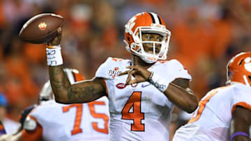 Sep 3, 2016; Auburn, AL, USA; Clemson Tigers quarterback Deshaun Watson (4) passes against the Auburn Tigers during the first quarter at Jordan Hare Stadium. Mandatory Credit: John David Mercer-USA TODAY Sports