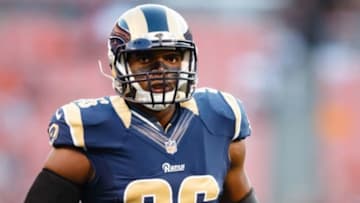 Aug 23, 2014; Cleveland, OH, USA; St. Louis Rams defensive end Michael Sam (96) during warm ups before the game against the St. Louis Rams at FirstEnergy Stadium. Mandatory Credit: Rick Osentoski-USA TODAY Sports