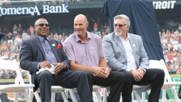 DETROIT, MI - AUGUST 26: Former Detroit Tigers teammates (L-R) Lou Whitaker, Kirk Gibson and Jack Morris sit together for a pre-game ceremony prior to the game between the Detroit Tigers and the Chicago White Sox at Comerica Park on August 26, 2018 in Detroit, Michigan. The White Sox defeated the Tigers 7-2. (Photo by Mark Cunningham/MLB Photos via Getty Images)