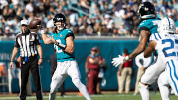 Jan 9, 2022; Jacksonville, Florida, USA; Jacksonville Jaguars quarterback Trevor Lawrence (16) throws the ball during the first half against the Indianapolis Colts at TIAA Bank Field. Mandatory Credit: Matt Pendleton-USA TODAY Sports