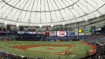 ST PETERSBURG, FL - JULY 11: (EDITORS NOTE: Image is a digital [panoramic] composite.) General view of the ball park from the upper level as the Tampa Bay Rays play during a game against the Detroit Tigers at Tropicana Field on July 11, 2018 in St Petersburg, Florida. The Rays won 4-2. (Photo by Joe Robbins/Getty Images)