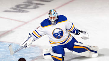 NEWARK, NEW JERSEY - FEBRUARY 23: Carter Hutton #40 of the Buffalo Sabres skates in warm-ups prior to the game against the New Jersey Devils at Prudential Center on February 23, 2021 in Newark, New Jersey. (Photo by Bruce Bennett/Getty Images)