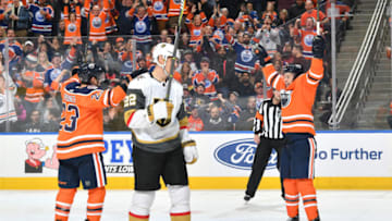 EDMONTON, AB - DECEMBER 1: Ty Rattie #8 and Ryan Spooner #23 of the Edmonton Oilers celebrate after a goal during the game against the Vegas Golden Knights on December 1, 2018 at Rogers Place in Edmonton, Alberta, Canada. (Photo by Andy Devlin/NHLI via Getty Images)