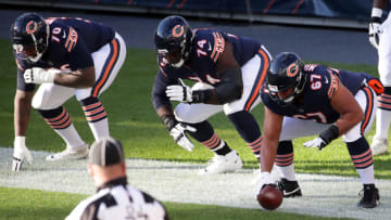 CHICAGO, ILLINOIS - NOVEMBER 01: Bobby Massie #70, Germain Ifedi #74 and Sam Mustipher #67 of the Chicago Bears (Photo by Jonathan Daniel/Getty Images)