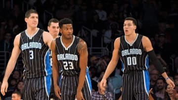 LOS ANGELES, USA - JANUARY 08 : Damjan Rudez (3), CJ Wilcox (23) ve Aaron Gordon (00) of Orlando Magic are seen during a NBA game between Los Angeles Lakers and Orlando Magic at Staples Center in Los Angeles, USA on January 08, 2017. (Photo by Mintaha Neslihan Eroglu/Anadolu Agency/Getty Images)