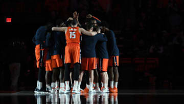 CHAMPAIGN, IL - DECEMBER 15: The Illinois Fighting Illini huddle up during player intros before the start of the college basketball game between the East Tennessee State Univeristy Buccaneers and the Illinois Fighting Illini on December 15, 2018, at State Farm Center in Champaign, Illinois. (Photo by Michael Allio/Icon Sportswire via Getty Images)