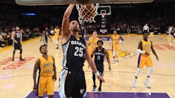 Jan 3, 2017; Los Angeles, CA, USA; Memphis Grizzlies forward Chandler Parsons (25) dunks the ball against the Los Angeles Lakers during a NBA game at Staples Center. The Lakers defeated the Grizzlies 116-102. Mandatory Credit: Kirby Lee-USA TODAY Sports