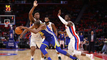 DETROIT, MI - DECEMBER 08: Kevin Durant #35 of the Golden State Warriors tries to get around the defense of Reggie Jackson #1 and Stanley Johnson #7 of the Detroit Pistons during the second half at Little Caesars Arena on December 8, 2017 in Detroit, Michigan. Golden State won the game 102-98. NOTE TO USER: User expressly acknowledges and agrees that, by downloading and or using this photograph, User is consenting to the terms and conditions of the Getty Images License Agreement. (Photo by Gregory Shamus/Getty Images)