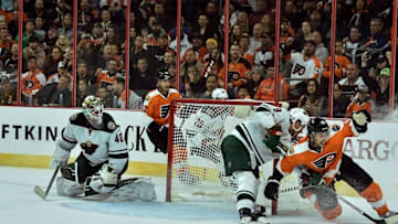 Nov 12, 2016; Philadelphia, PA, USA; Philadelphia Flyers defenseman Michael Del Zotto (15) scores on Minnesota Wild goalie Devan Dubnyk (40) during the second period of the game at the Wells Fargo Center. Mandatory Credit: John Geliebter-USA TODAY Sports