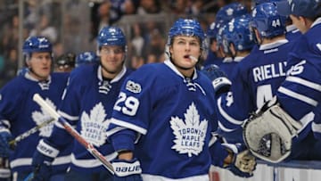 TORONTO,ON - FEBRUARY 21: William Nylander #29 of the Toronto Maple Leafs celebrates a goal against the Winnipeg Jets during an NHL game at Air Canada Centre on February 21, 2017 in London, Ontario, Canada. The Maple Leafs defeated the Jets 5-4 in overtime. (Photo by Claus Andersen/Getty Images)