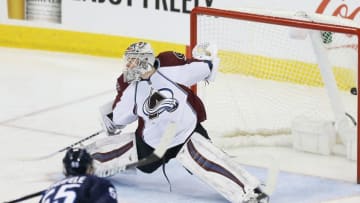 Dec 18, 2016; Winnipeg, Manitoba, CAN; Colorado Avalanche goalie Calvin Pickard (31) attempts to make a save against Winnipeg Jets right wing Patrik Laine (not pictured) during the second period at MTS Centre. Mandatory Credit: Bruce Fedyck-USA TODAY Sports