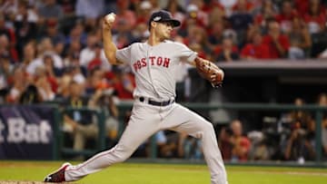 Oct 7, 2016; Cleveland, OH, USA;Boston Red Sox relief pitcher Joe Kelly (56) pitches against the Cleveland Indians in the seventh inning during game two of the 2016 ALDS playoff baseball series at Progressive Field. Mandatory Credit: Rick Osentoski-USA TODAY Sports