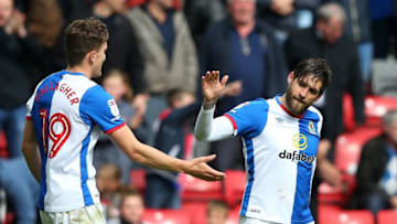 BLACKBURN, ENGLAND - APRIL 29: Danny Graham (R) of Blackburn Rovers celebrates scoring the opening goal with Sam Gallagher during the Sky Bet Championship match between Blackburn Rovers and Aston Villa at Ewood Park on April 29, 2017 in Blackburn, England. (Photo by Alex Livesey/Getty Images)