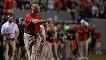 RALEIGH, NC - OCTOBER 05: Head coach Dave Doeren of the North Carolina State Wolfpack directs his team during the game against the Louisville Cardinals at Carter Finley Stadium on October 5, 2017 in Raleigh, North Carolina. North Carolina State won 39-25. (Photo by Grant Halverson/Getty Images)