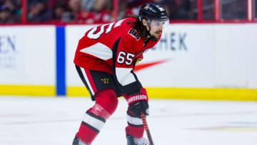 OTTAWA, ON - FEBRUARY 22: Ottawa Senators Defenceman Erik Karlsson (65) prepares for a face-off during second period National Hockey League action between the Tampa Bay Lightning and Ottawa Senators on February 22, 2018, at Canadian Tire Centre in Ottawa, ON, Canada. (Photo by Richard A. Whittaker/Icon Sportswire via Getty Images)