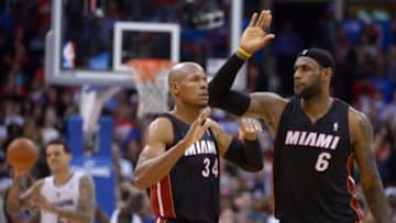 Feb 5, 2014; Los Angeles, CA, USA; Miami Heat guard Ray Allen (34) is congratulated by forward LeBron James (6) after a 3-point basket in the fourth quarter against the Los Angeles Clippers at Staples Center. The Heat defeated the Clippers 116-112. Mandatory Credit: Kirby Lee-USA TODAY Sports