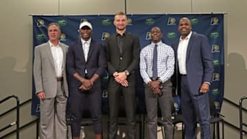 INDIANAPOLIS, IN - JULY 07: President of basketball operations, Kevin Pritchard and Head Coach, Nate McMillan of the Indiana Pacers introduce Victor Oladipo, Domantas Sabonis and Darren Collison during a press conference at Bankers Life Fieldhouse on July 7, 2017 in Indianapolis, Indiana. NOTE TO USER: User expressly acknowledges and agrees that, by downloading and or using this Photograph, user is consenting to the terms and condition of the Getty Images License Agreement. Mandatory Copyright Notice: 2017 NBAE (Photo by Ron Hoskins/NBAE via Getty Images)