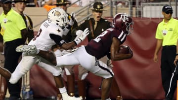 COLLEGE STATION, TEXAS - AUGUST 29: Jhamon Ausbon #2 of the Texas A&M Aggies is pushed out of bounds by Kordell Rodgers #3 of the Texas State Bobcats after a reception in the first half at Kyle Field on August 29, 2019 in College Station, Texas. (Photo by Bob Levey/Getty Images)