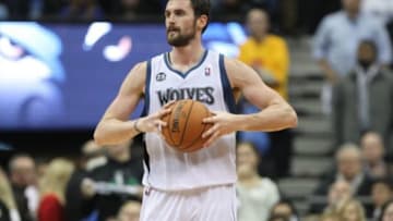 Oct 30, 2013; Minneapolis, MN, USA; Minnesota Timberwolves forward Kevin Love (42) against the Orlando Magic at Target Center. The Timberwolves defeated the Magic 120-115 in overtime. Mandatory Credit: Brace Hemmelgarn-USA TODAY Sports