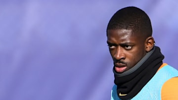 Barcelona's French forward Ousmane Dembele looks on during a training session at the Joan Gamper training ground in Sant Joan Despi near Barcelona, on January 22, 2022 on the eve of the Spanish League football match against Alaves. - Ousmane Dembele hit back at Barcelona on January 20, 2022 by saying he "won't give in to blackmail" after the club's director of football Mateu Alemany said the winger must leave before the end of January. (Photo by LLUIS GENE / AFP) (Photo by LLUIS GENE/AFP via Getty Images)